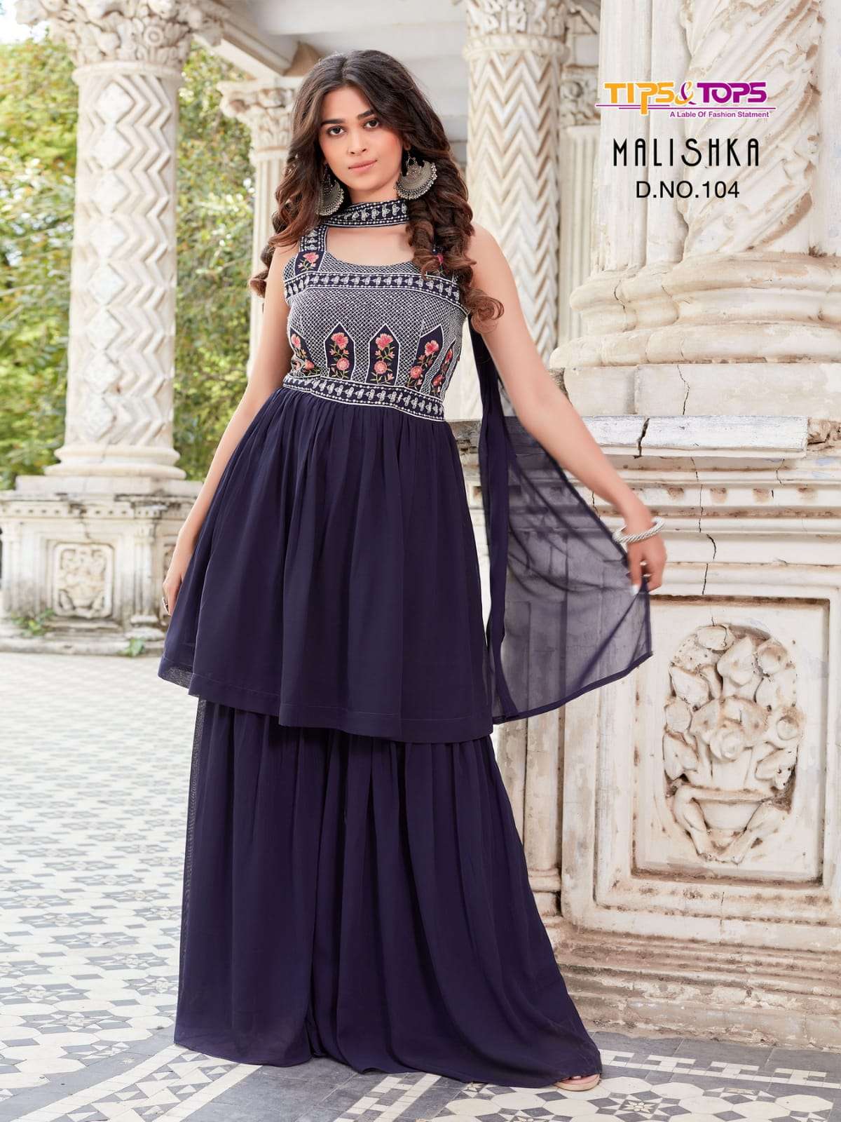 Tips And Tops-malishka-fabrics-georgette-embroidery-work-kurti- With-inner- Sequecne -fancy-side Zip-pant- Premium Georgette-dupatta-104